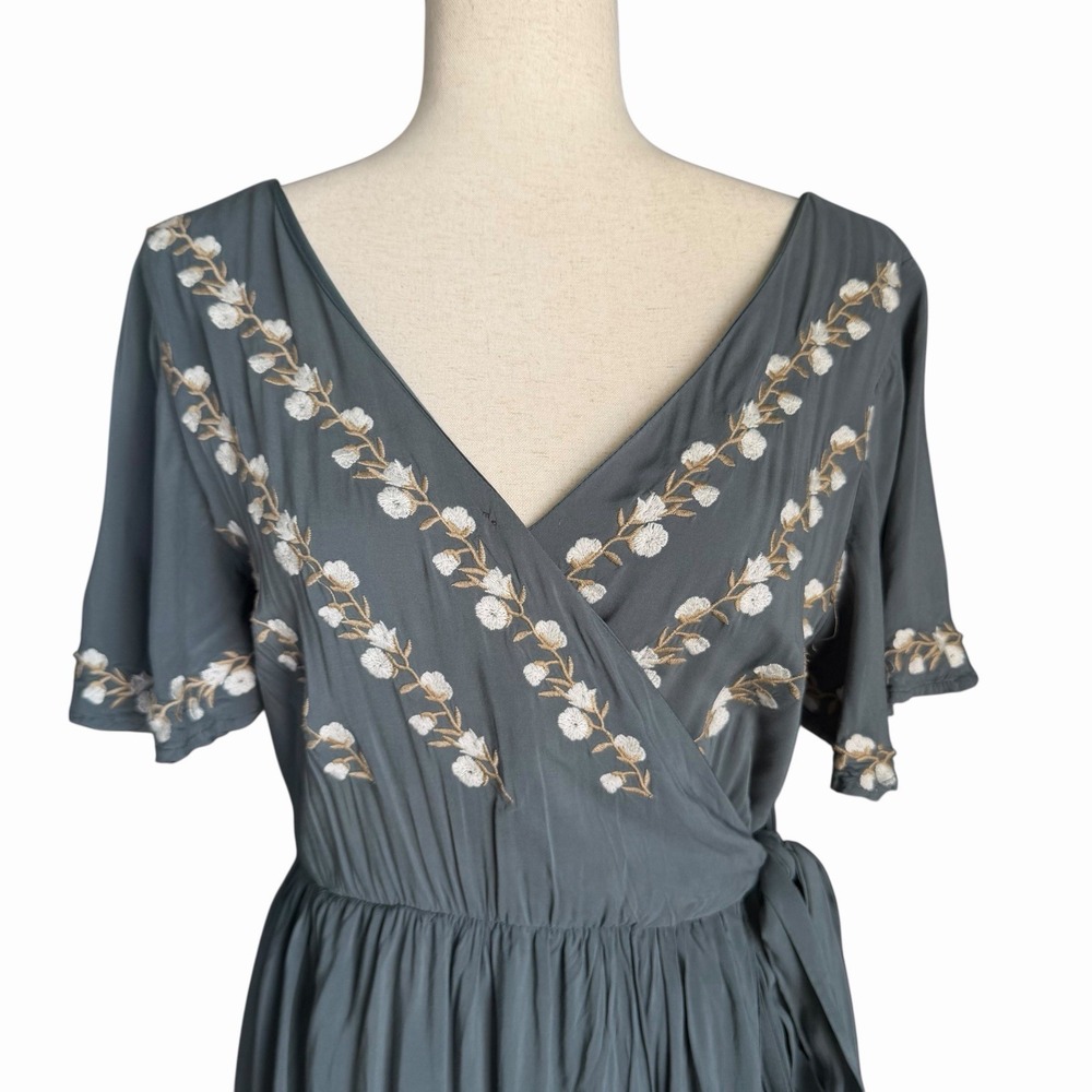Pink + Sophie Faux Wrap Dress Small Asymmetrical Maxi Embroidered Floral Boho - Picture 4 of 10